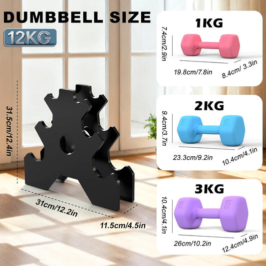 Hex Dumbbells Set with Rack (1KG 2KG 3KG)