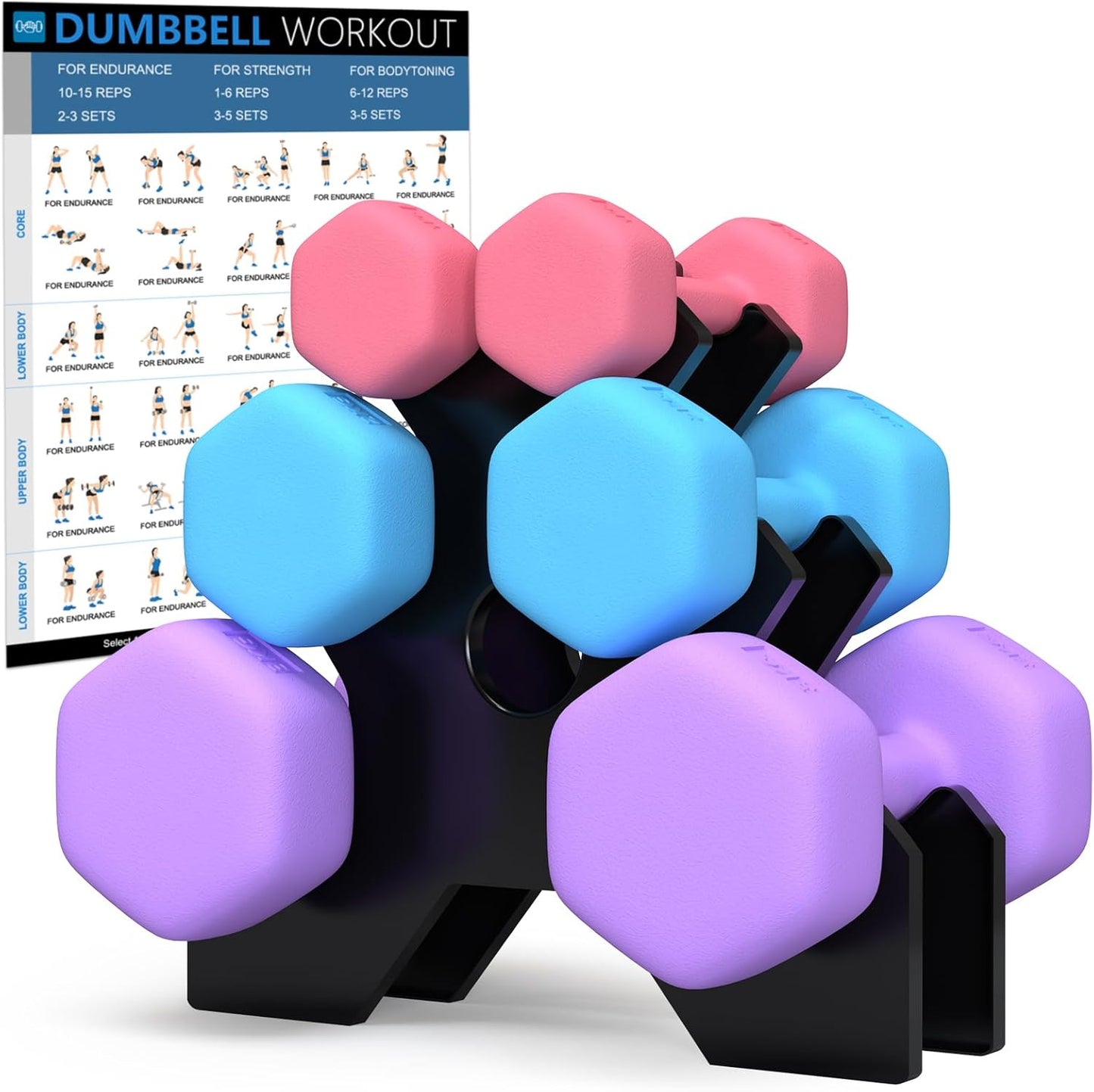 Hex Dumbbells Set with Rack (1KG 2KG 3KG)